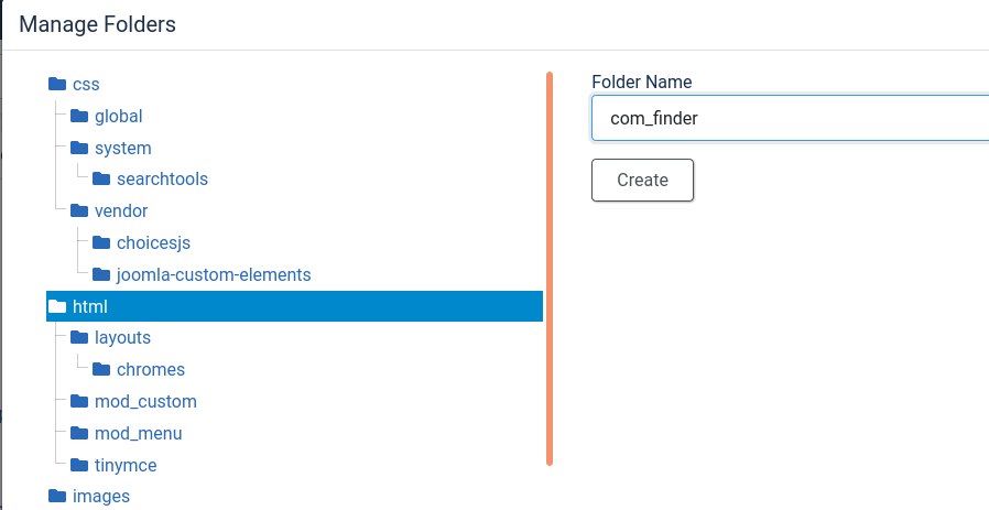 joomla template create com_finder folder