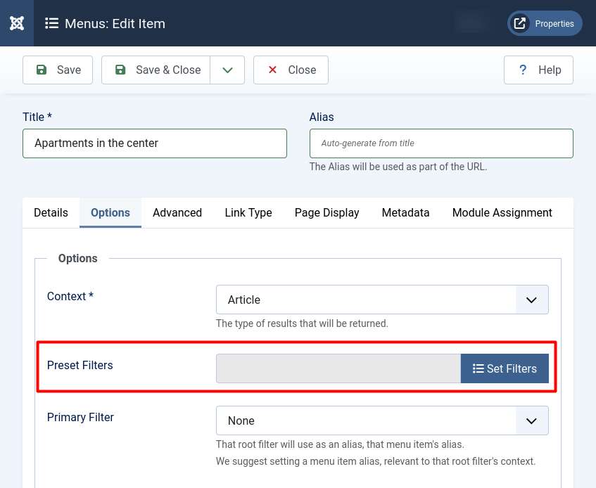 JFilters preset filters setting