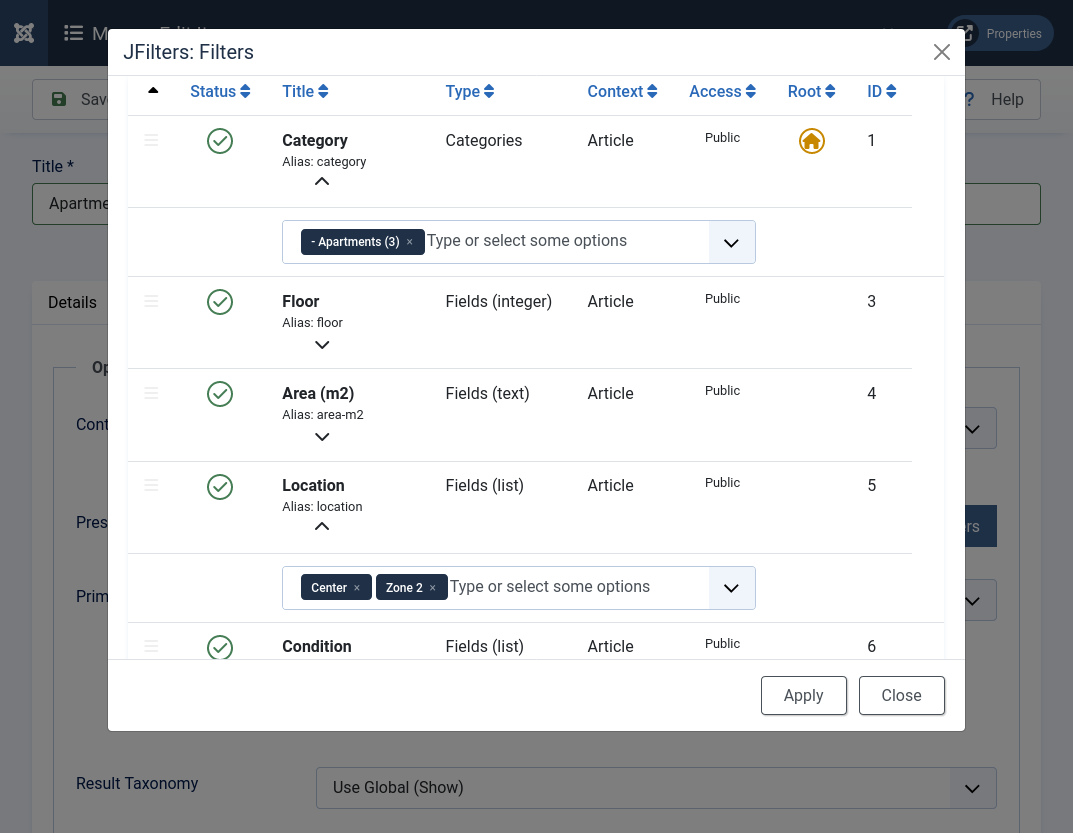 JFilters preset filters modal